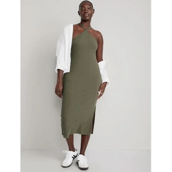 Old Navy | Dresses | Old Navy Ribbed Halter Dress Olive Green Sleeveless  Side Slit Casual Midi Dress | Poshmark